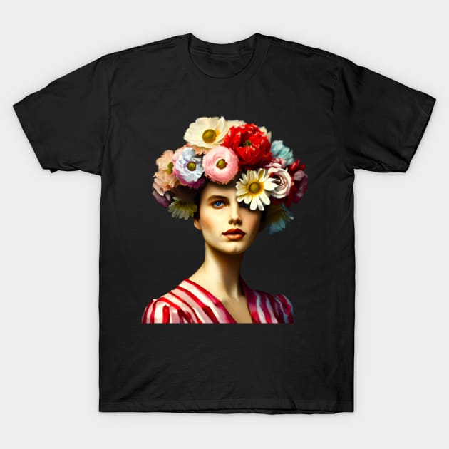 Flower Head Woman Renaissance Style Painting T-Shirt by Ravenglow